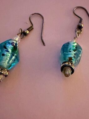 Handmade Lampwork Aqua Blue Glass Drop Earrings